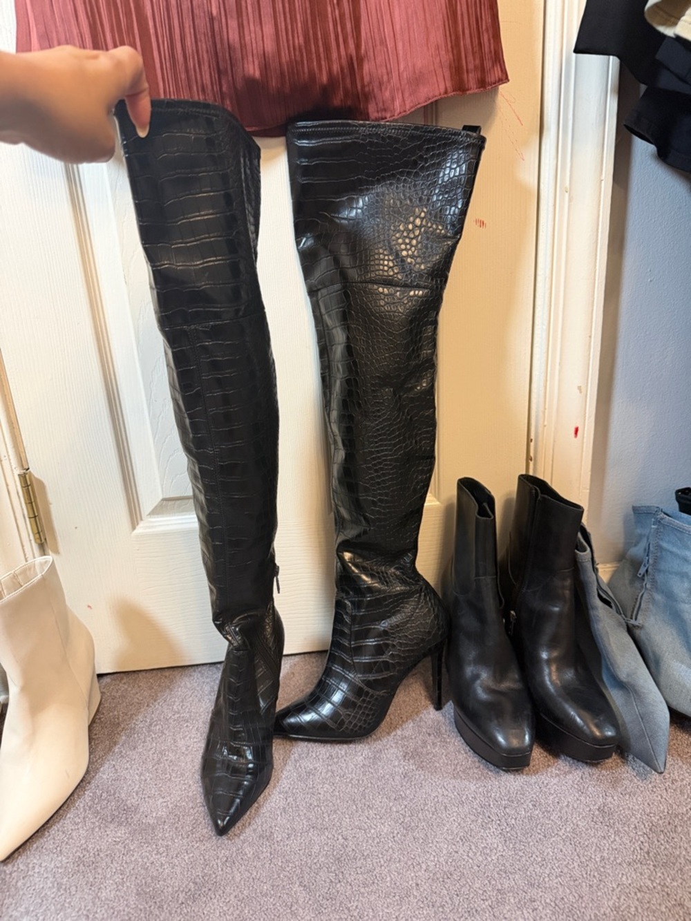 Guess Black Croc-Embossed Over-the-Knee Stiletto Boots worn once